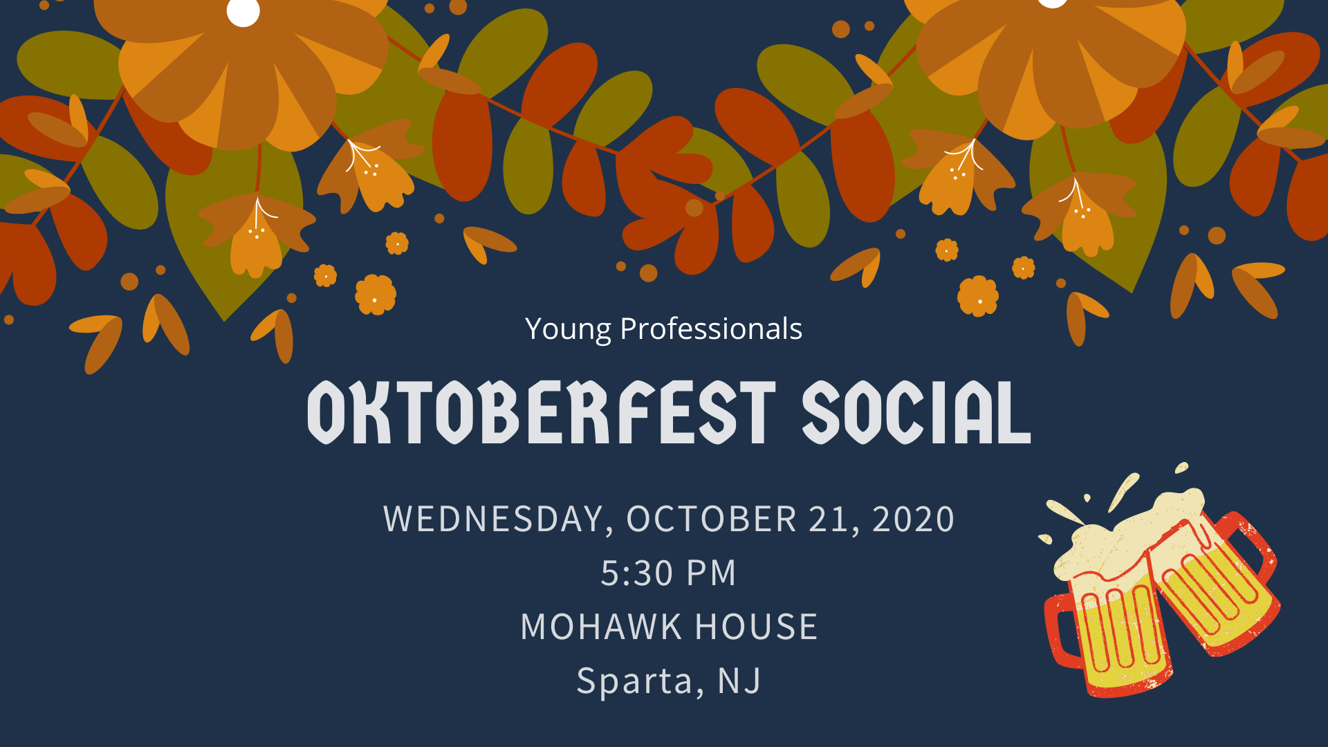 An announcement of the Young Professionals Oktoberfest Social with leaves and beer mugs toasting